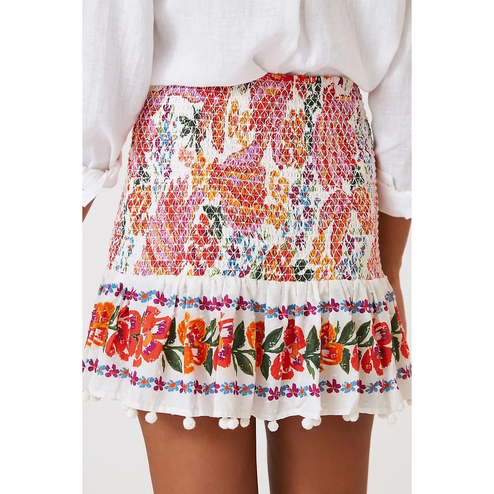 FARM Rio Women's Spring Bananas Smocked Floral Cotton Mini Skirt Pom Pom Trim M